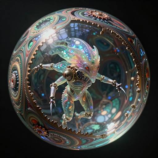 Glowing, iridescent robotic spider inside a reflective, gear-patterned, multicolored sphere, floating in dark space. Digital art with
