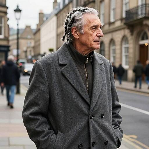Photograph of an elderly man with gray hair in dreadlocks, wearing a dark gray coat and black turtleneck, standing on a busy urban street