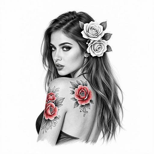 Black-and-white portrait of a woman with long, wavy hair, wearing red rose tattoos on her shoulders, and a white rose in her hair,