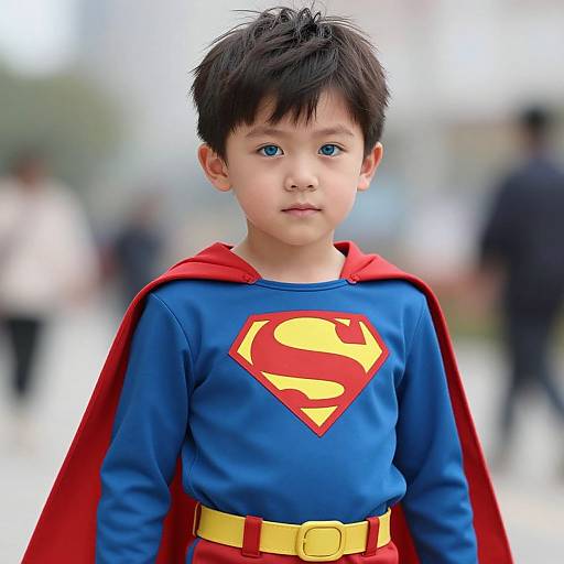 Photograph of a young boy with black hair and blue eyes, wearing a Superman costume with blue shirt, red cape, and yellow belt, standing in