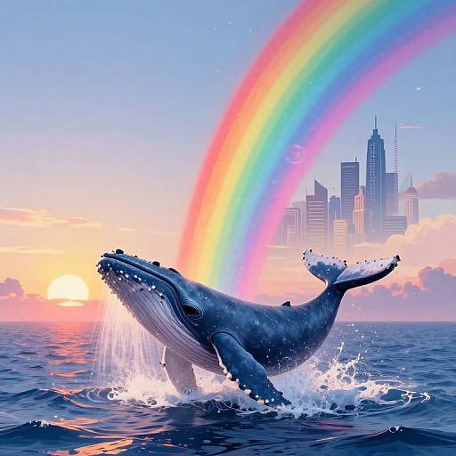 Photograph-style digital art: Splashing blue whale emerges from ocean, vibrant rainbow arcs overhead, city skyline with tall buildings in background.