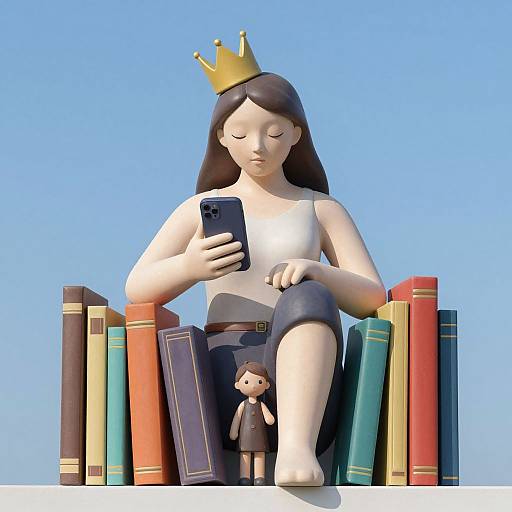 CGI illustration of a large, fair-skinned, brown-haired woman with a golden crown, wearing a white top and black skirt, sitting among colorful