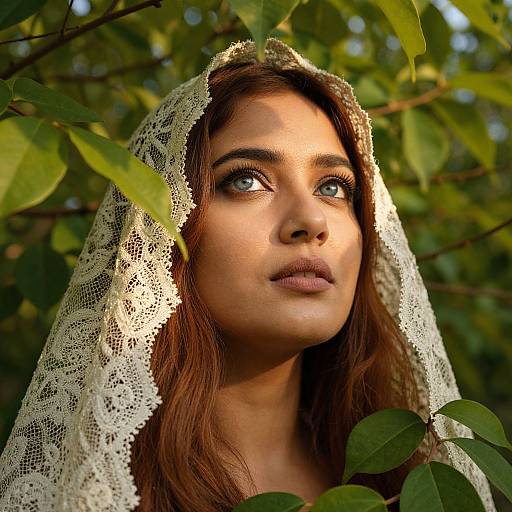 Photograph of a young woman with fair skin, blue eyes, and brown hair, wearing a white lace veil, gazing upward through green leafy