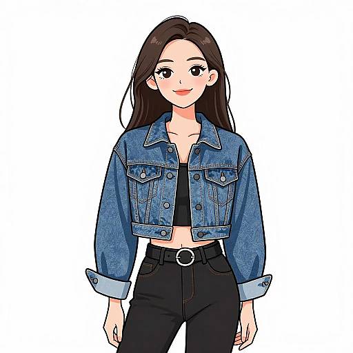 Digital illustration of a smiling woman with long brown hair, wearing a blue denim jacket, black crop top, and high-waisted black pants.