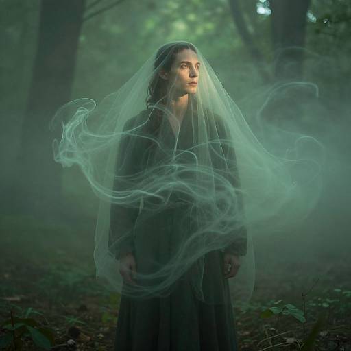 Photograph of a woman in a dark forest, wearing a flowing, translucent veil that swirls around her, illuminated by soft green light. Ethereal