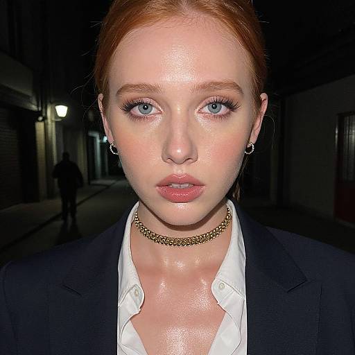Photograph of a pale-skinned, redheaded woman with blue eyes, glossy skin, wearing a black blazer, white shirt, gold necklace,