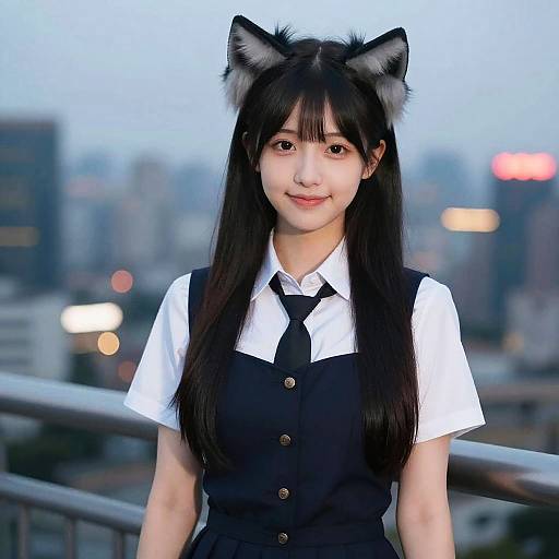Young Woman Wearing Cat Ear Headband in School Uniform