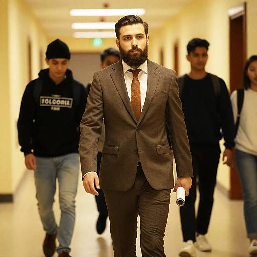 Bearded Man in Brown Suit in Hallway