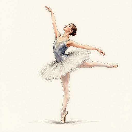 Photograph of a graceful ballerina in a blue and white tutu, en pointe, with arms raised and leg extended, against a white