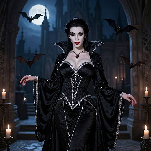 Digital artwork of a pale, red-lipped vampire woman in a black, gothic gown with silver trim, surrounded by bats and candles in a moon