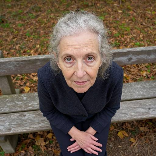 Photograph of an elderly woman with gray hair, wearing a black coat, sitting on a wooden bench in a leaf-covered park. She looks up with