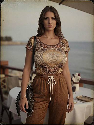 Photograph of a young woman with long brown hair, wearing a patterned top and brown pants, standing on a seaside patio.