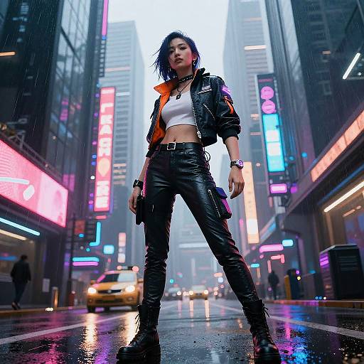 Photorealistic digital art: Asian woman with black leather jacket, white crop top, black pants, and boots stands confidently in a neon-lit,