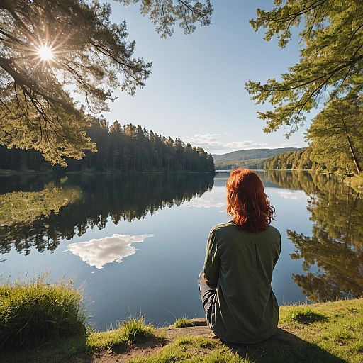 Serene Lakeside Moment with Red-Haired Woman Serene Lakeside Moment with Red-Haired Woman