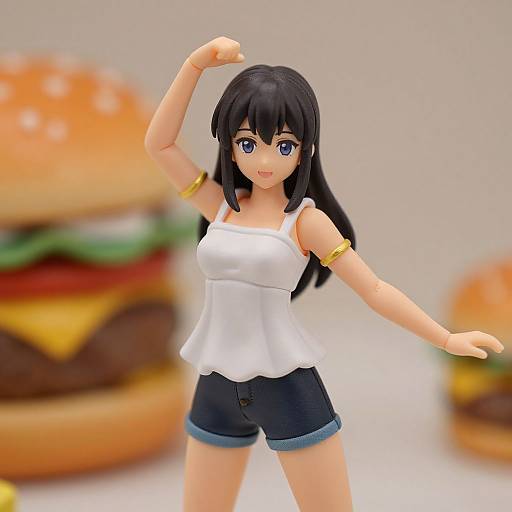 Anime-style digital figure with black hair, blue eyes, white tank top, black shorts, flexing arm, and gold arm bands, stands in front