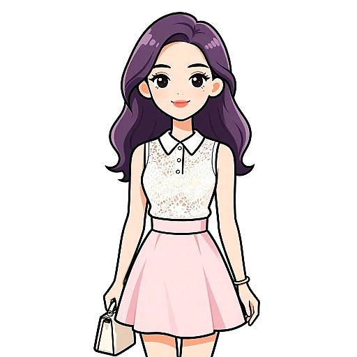 Digital anime-style drawing of a smiling young woman with long purple hair, wearing a white sleeveless top and pink skirt, holding a smartphone.