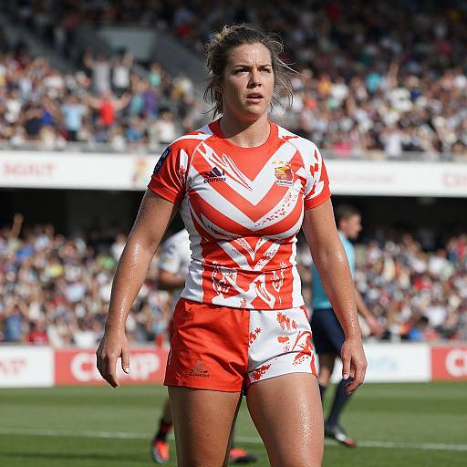Photograph of a female rugby player with wet skin, wearing red and white striped jersey and shorts, standing on a sunlit field with a blurred crowd