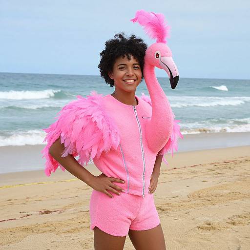 Photograph of a smiling Black woman with curly hair, wearing a pink flamingo costume on a sandy beach with waves.