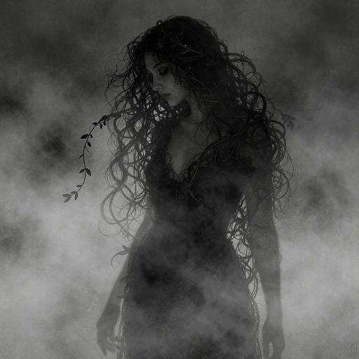 Eerie black-and-white photograph of a silhouetted woman with long, wild hair and a leaf in her hair, standing amidst swirling fog.