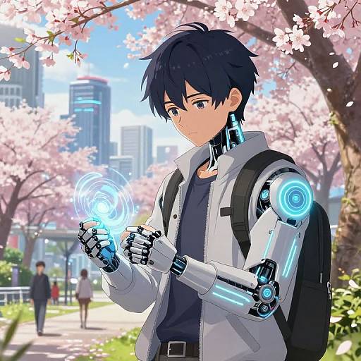 Anime-style digital illustration of a black-haired, cyborg boy with glowing blue holographic hands, standing in a cherry blossom park. Cityscape background with