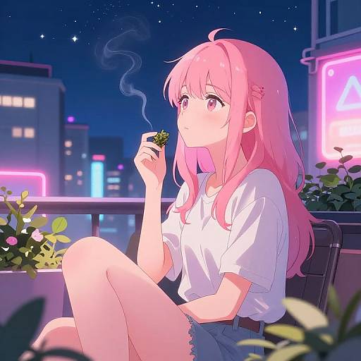 Anime Girl in Dreamy Neon Rooftop Garden