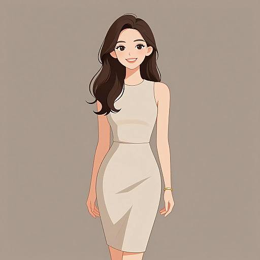 Digital anime-style drawing of a smiling woman with long black hair, wearing a sleeveless white dress, and a gold bracelet, against a plain gray background