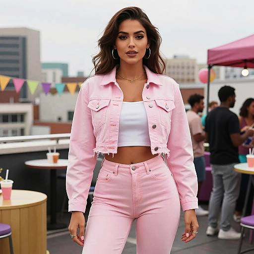 Photograph of a stylish woman with long brown hair, wearing a pink jacket, white crop top, and high-waisted pink jeans, standing confidently