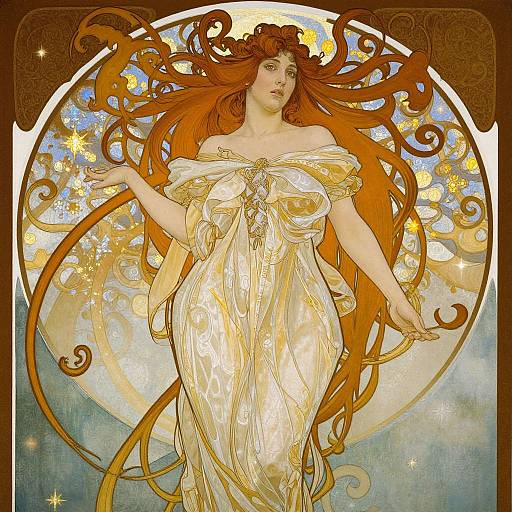 Art Nouveau-style digital illustration of a red-haired woman with flowing hair, wearing an off-shoulder, gold-embellished gown, surrounded