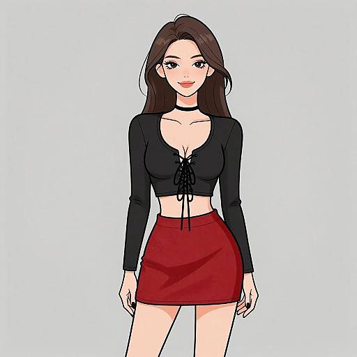 Digital anime-style drawing of a smiling woman with long brown hair, wearing a black lace-up crop top and red mini skirt.