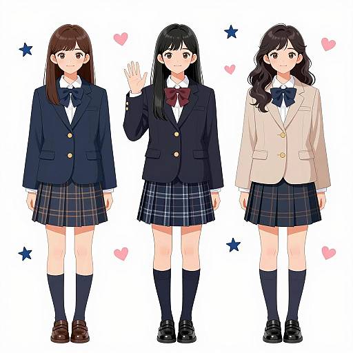 Three Japanese Schoolgirls in Stylish Uniforms