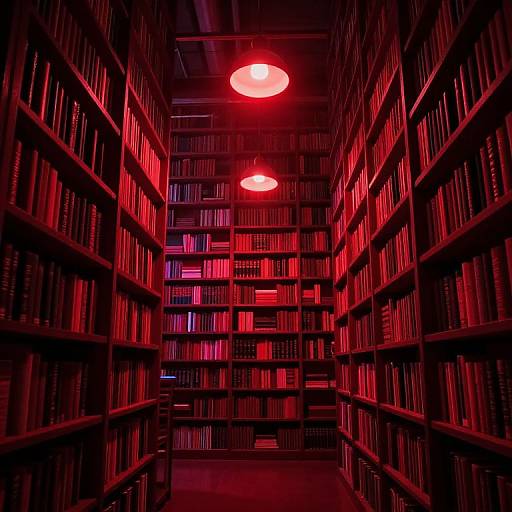 Photograph of a dimly lit library aisle with red neon lights, shelves filled with books, and two circular red light fixtures overhead.