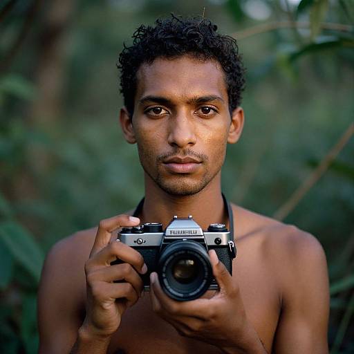 Photograph of a shirtless, young, curly-haired, dark-skinned man with intense gaze, holding a vintage Olympus camera, set against a blurred