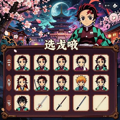 Digital anime-style image featuring a character with red hair and green-black checkered jacket, surrounded by a grid of character portraits and musical notes, under a
