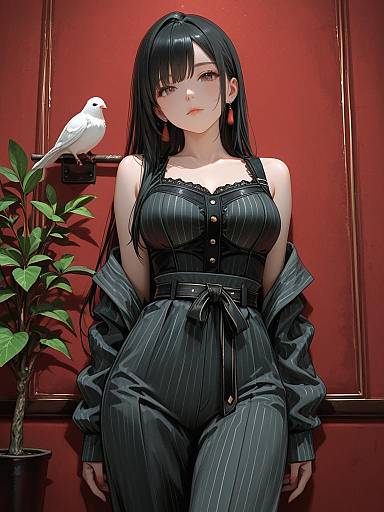 Anime Woman in Pinstripe Jumpsuit with White Dove