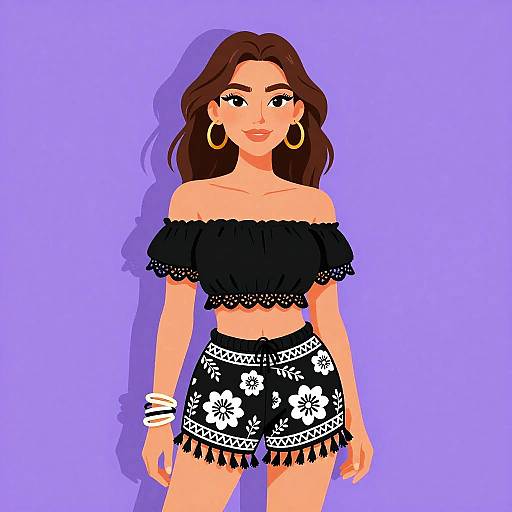 Digital illustration of a young woman with long brown hair, wearing a black off-shoulder top and black floral shorts, large hoop earrings, and white