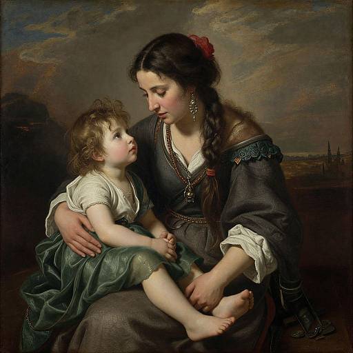 Baroque-style painting of a dark-haired woman in a dark dress cradling a curly-haired toddler in a green dress against a twilight sky.