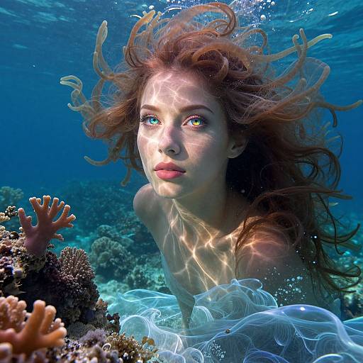 Photorealistic underwater photograph of a fair-skinned, red-haired woman with vivid blue eyes, swimming near coral reefs, surrounded by translucent jellyfish,