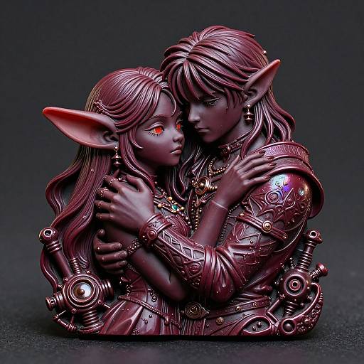 Digital CGI art: Two detailed, metallic, purple-skinned elves with pointed ears, glowing red eyes, embracing intimately. Intricate armor, dark background