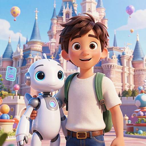 CGI image of a smiling brown-haired boy with a green backpack, holding a white robot, in front of a colorful, whimsical castle with floating