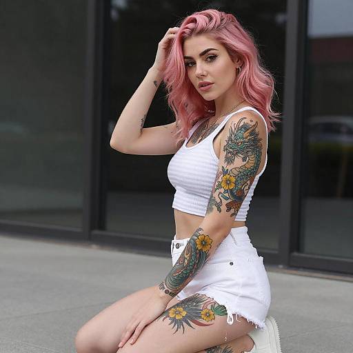 Confident Pink-Haired Woman with Tattoos