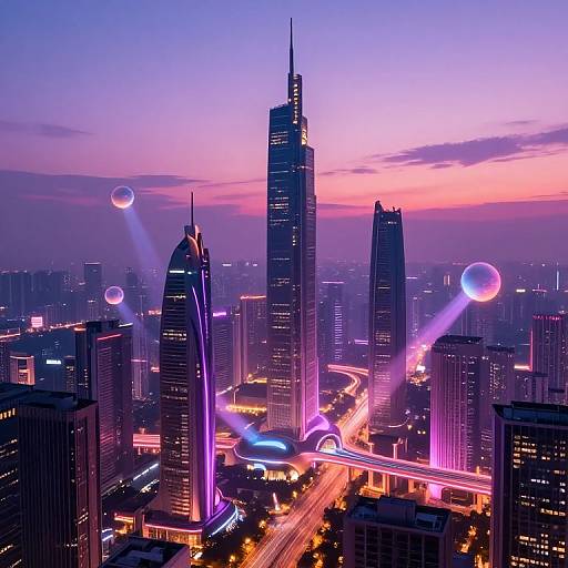 Photograph of a futuristic cityscape at dusk, featuring illuminated skyscrapers, purple and pink sky, glowing orbs, and vibrant neon lights on a