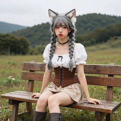 Digital anime-style photograph of an Asian woman with gray cat ears, braided hair, white blouse, brown corset, beige skirt, and black boots