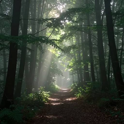 Photograph of a misty forest path, sunlight filtering through tall, dense trees, casting ethereal beams and illuminating lush greenery along the dark