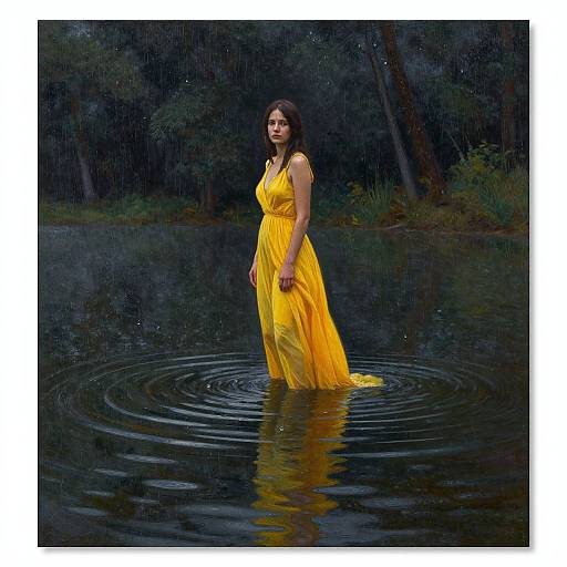 Photograph of a woman with dark hair, wearing a flowing yellow dress, standing waist-deep in a rain-filled pond, surrounded by dark, rain