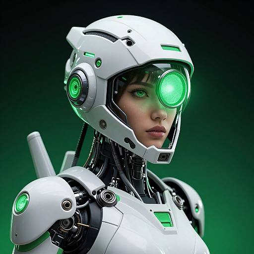 CGI image of a female cyborg with glowing green eyes, white futuristic helmet, and armor, against a dark green gradient background.