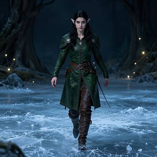 Photograph of a dark-haired, elf-like woman with pointed ears, wearing a green leather tunic and brown pants, walking through a glowing, icy