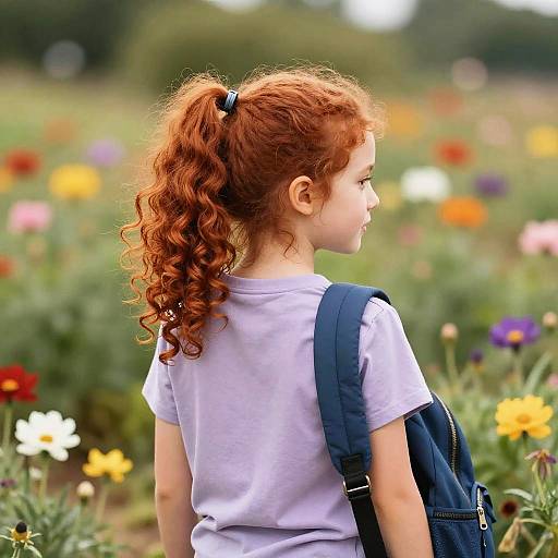 Curly Ponytail Girl in Flower Field
