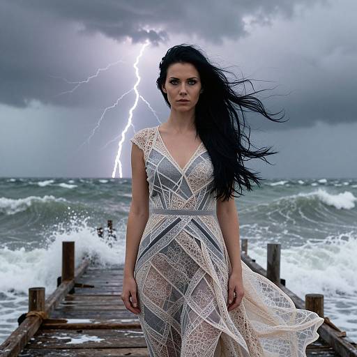 Photograph of a fierce, dark-haired woman in a white, lace, V-neck dress standing on a wooden pier during a storm with a bright lightning