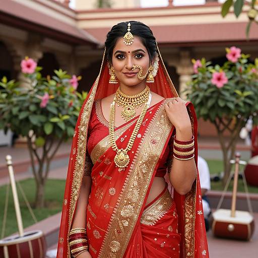 Photograph of a beautiful Indian bride in a red and gold traditional saree, adorned with jewelry, standing outdoors with pink flowers in the background.