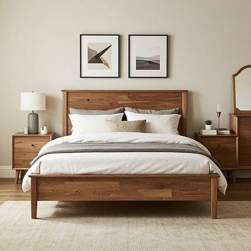 Photograph of a modern, minimalist bedroom with wooden bed, white linens, two framed abstract art pieces, matching wooden nightstands, and a mirror